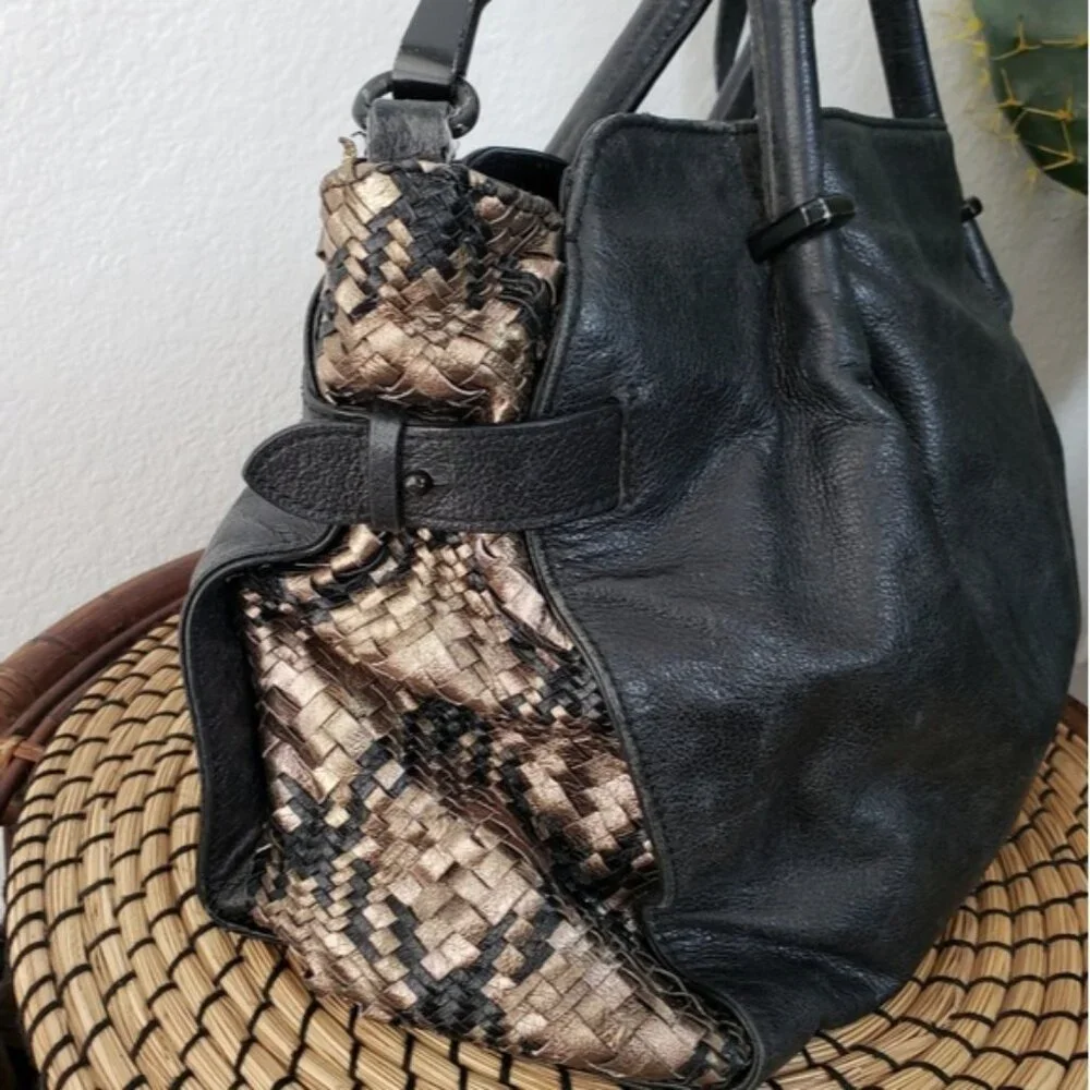 Elliott LUCCA Leather Metallic Woven Detail Slouchy Hobo Bag Large
